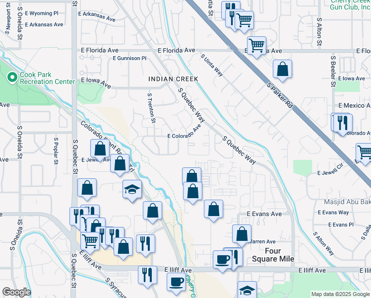 map of restaurants, bars, coffee shops, grocery stores, and more near 1811 South Quebec Way in Denver