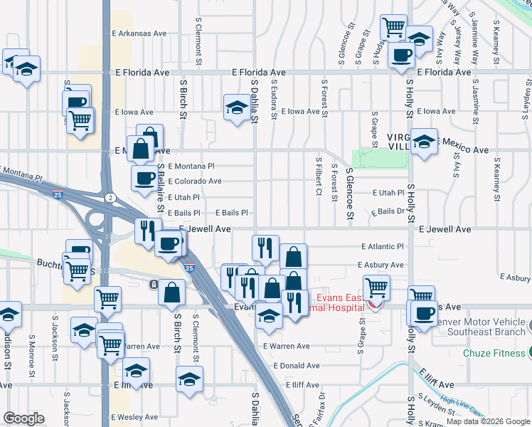 map of restaurants, bars, coffee shops, grocery stores, and more near 1885 South Eudora Street in Denver