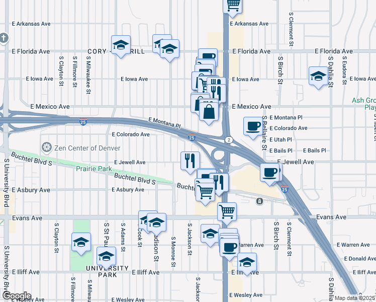 map of restaurants, bars, coffee shops, grocery stores, and more near 1875 South Garfield Street in Denver