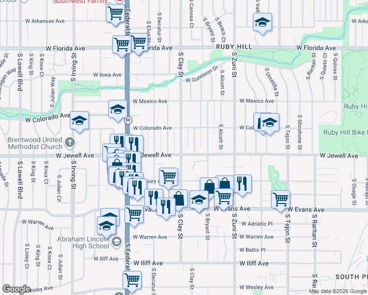 map of restaurants, bars, coffee shops, grocery stores, and more near 1897 South Canosa Court in Denver