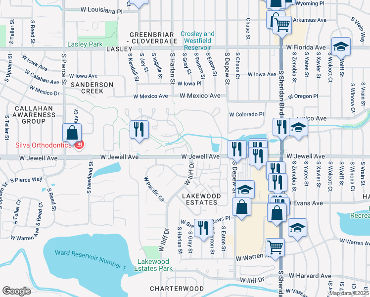 map of restaurants, bars, coffee shops, grocery stores, and more near 6050 West Utah Lane in Lakewood