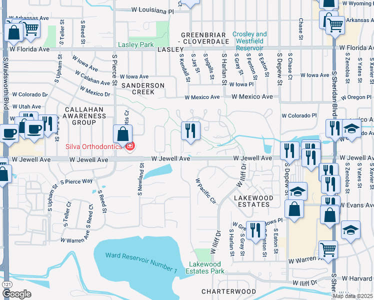 map of restaurants, bars, coffee shops, grocery stores, and more near 6263 West Jewell Avenue in Lakewood