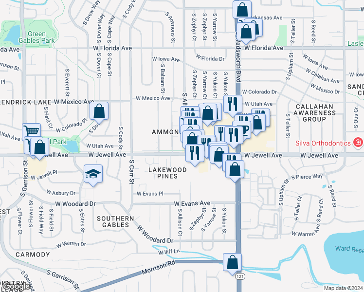 map of restaurants, bars, coffee shops, grocery stores, and more near 1868 South Ammons Street in Lakewood