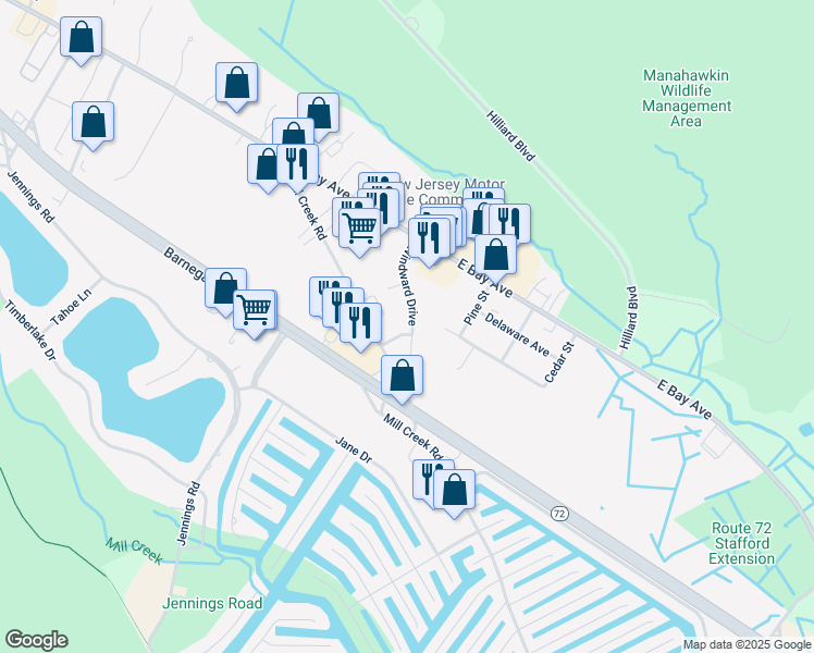 map of restaurants, bars, coffee shops, grocery stores, and more near 86 Windward Drive in Stafford Township