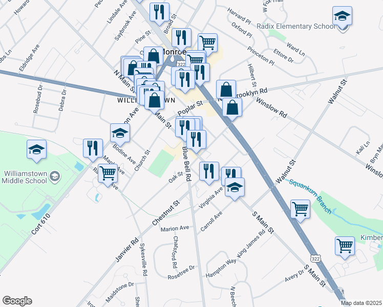 map of restaurants, bars, coffee shops, grocery stores, and more near 387 South Main Street in Monroe