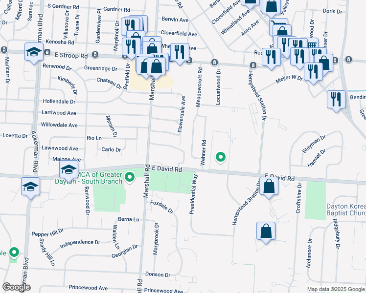 map of restaurants, bars, coffee shops, grocery stores, and more near 4367 Flowerdale Avenue in Dayton