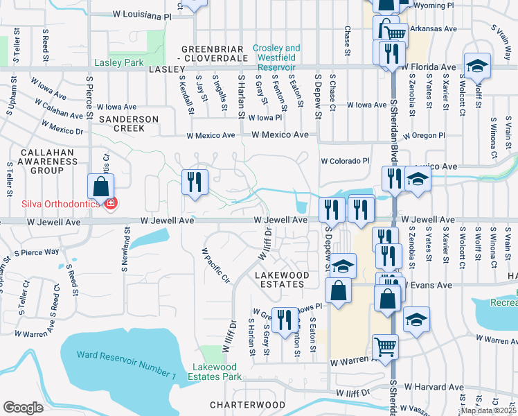 map of restaurants, bars, coffee shops, grocery stores, and more near 6050 West Utah Lane in Lakewood