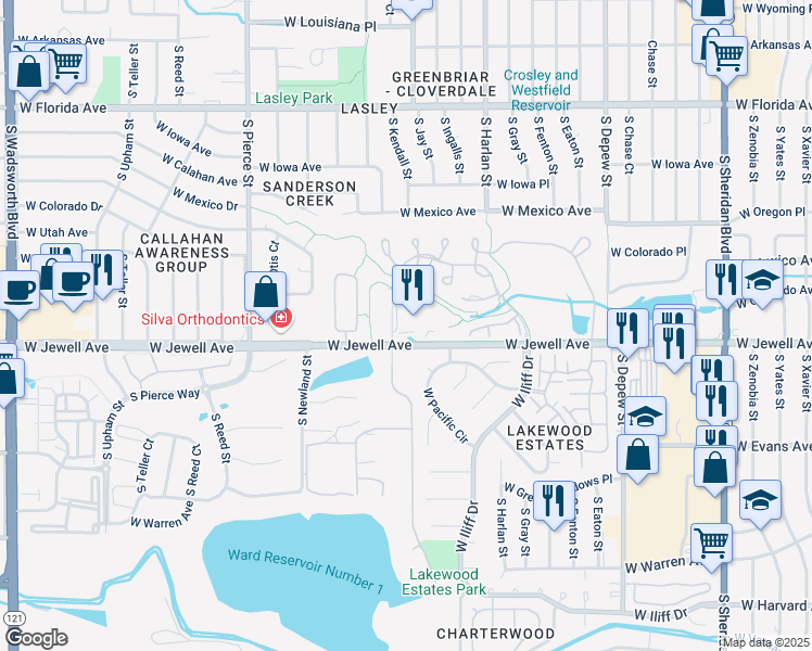 map of restaurants, bars, coffee shops, grocery stores, and more near 6263 West Jewell Avenue in Lakewood