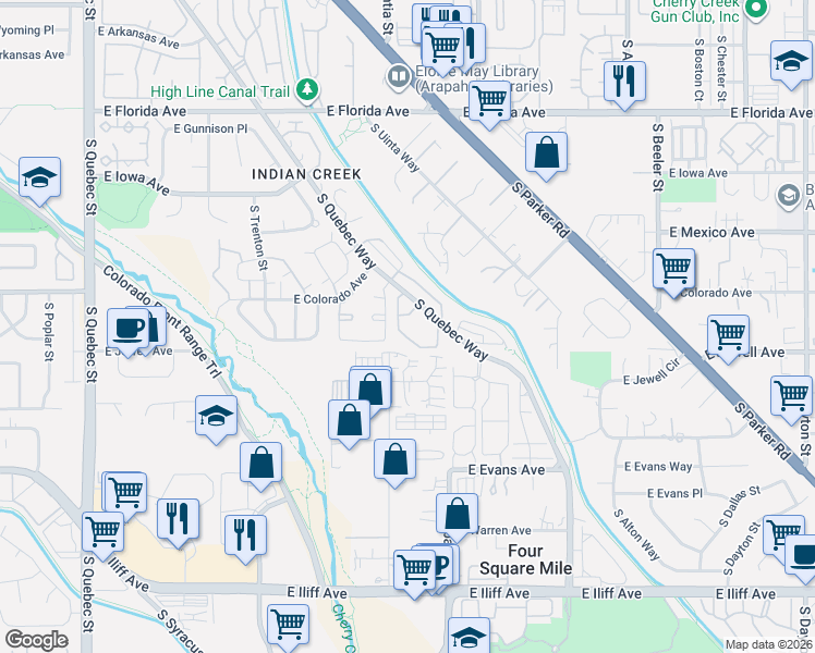 map of restaurants, bars, coffee shops, grocery stores, and more near 1885 South Quebec Way in Denver