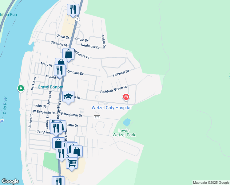 map of restaurants, bars, coffee shops, grocery stores, and more near 139 Paddock Green Dr in New Martinsville