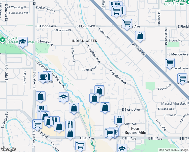 map of restaurants, bars, coffee shops, grocery stores, and more near 1811 South Quebec Way in Denver