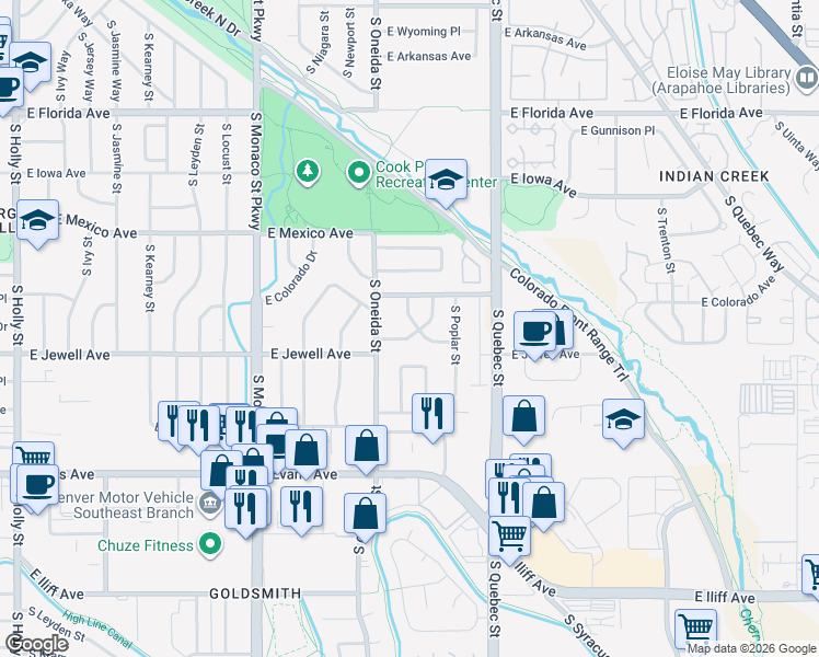 map of restaurants, bars, coffee shops, grocery stores, and more near 6972 East Jewell Avenue in Denver