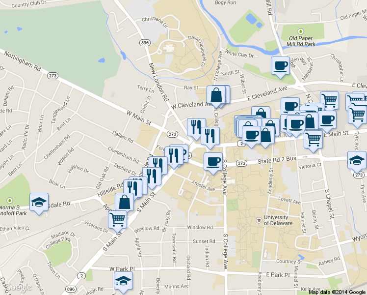 map of restaurants, bars, coffee shops, grocery stores, and more near 7 Thompson Lane in Newark