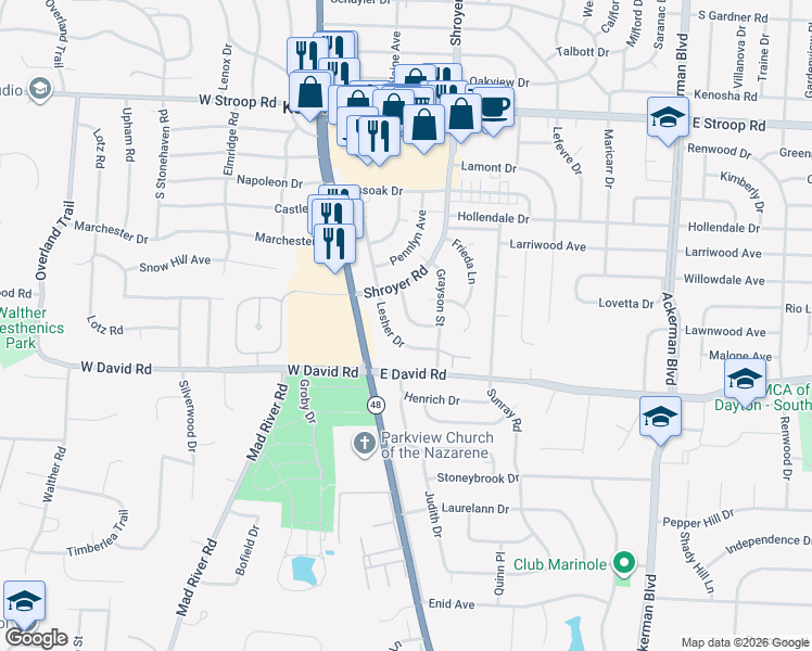 map of restaurants, bars, coffee shops, grocery stores, and more near 301 Lesher Drive in Dayton