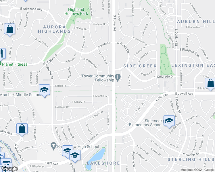 map of restaurants, bars, coffee shops, grocery stores, and more near 1876 South Zeno Way in Aurora