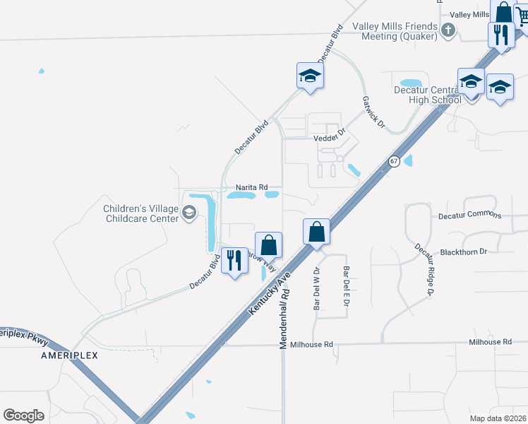 map of restaurants, bars, coffee shops, grocery stores, and more near 5700-5766 Mendenhall Road in Indianapolis