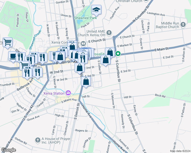 map of restaurants, bars, coffee shops, grocery stores, and more near 127 East 3rd Street in Xenia