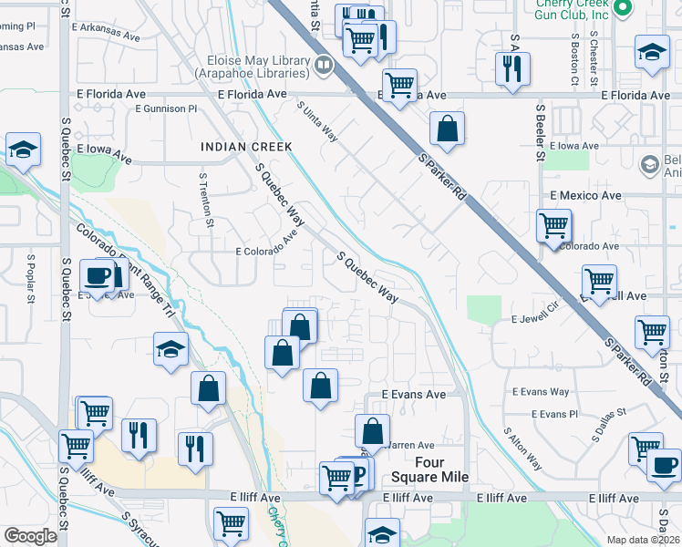 map of restaurants, bars, coffee shops, grocery stores, and more near 1885 South Quebec Way in Denver