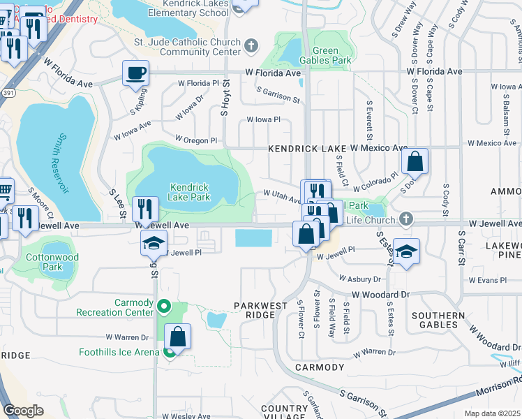 map of restaurants, bars, coffee shops, grocery stores, and more near 9475 West Utah Place in Lakewood