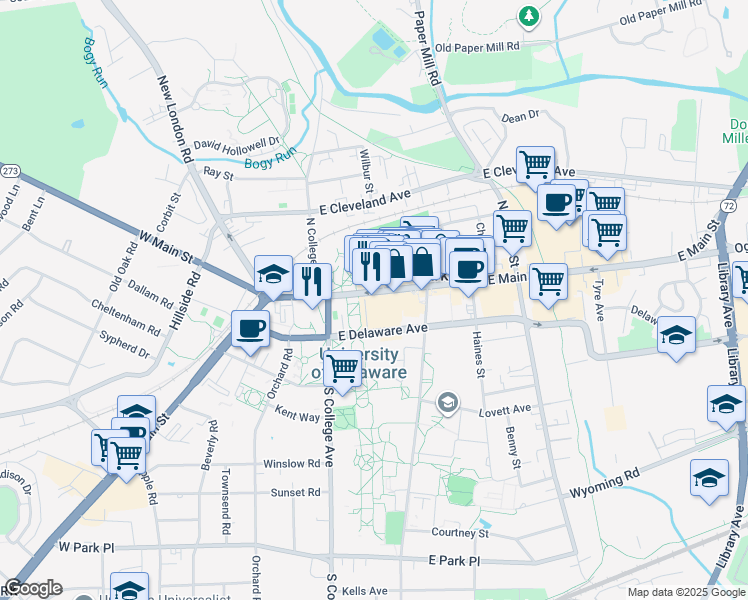 map of restaurants, bars, coffee shops, grocery stores, and more near 54 East Delaware Avenue in Newark