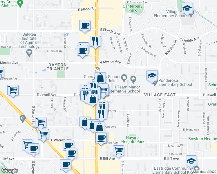 map of restaurants, bars, coffee shops, grocery stores, and more near 10648 East Bails Place in Aurora