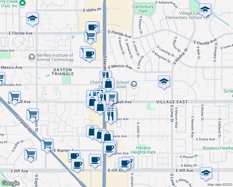 map of restaurants, bars, coffee shops, grocery stores, and more near 10551 East Jewell Avenue in Aurora