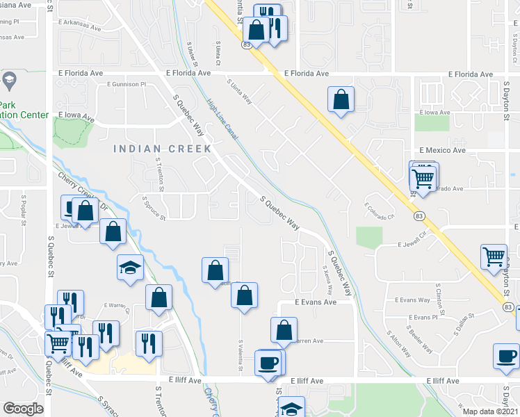map of restaurants, bars, coffee shops, grocery stores, and more near 1885 South Quebec Way in Denver
