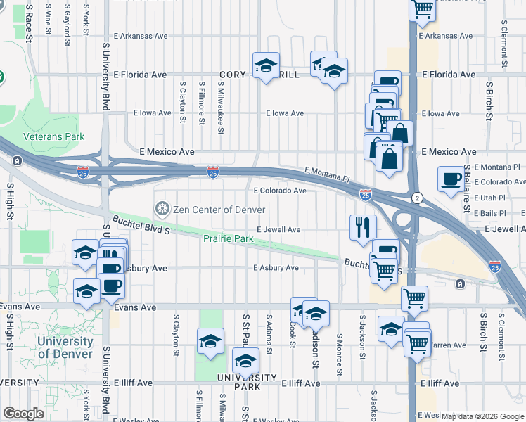 map of restaurants, bars, coffee shops, grocery stores, and more near 1880 South Saint Paul Street in Denver