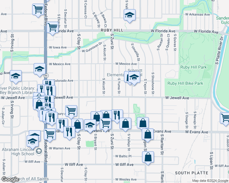 map of restaurants, bars, coffee shops, grocery stores, and more near 1885 South Yuma Street in Denver