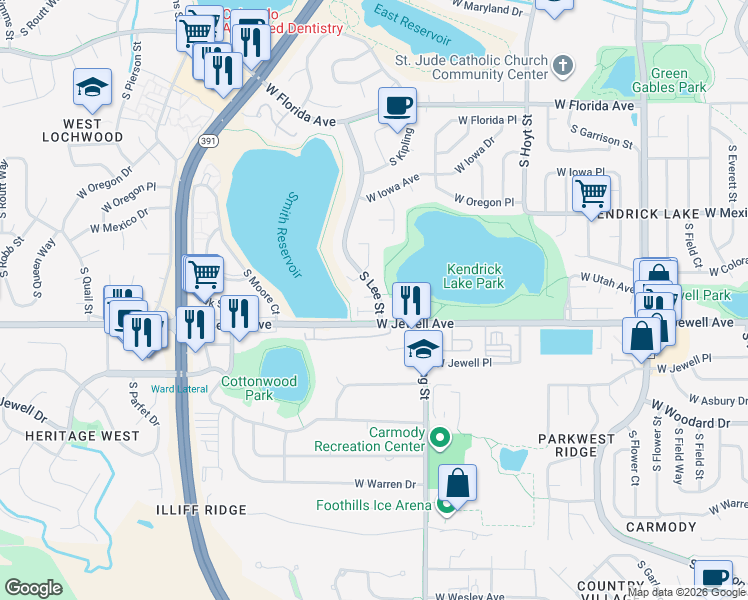 map of restaurants, bars, coffee shops, grocery stores, and more near 1849 South Lee Street in Lakewood