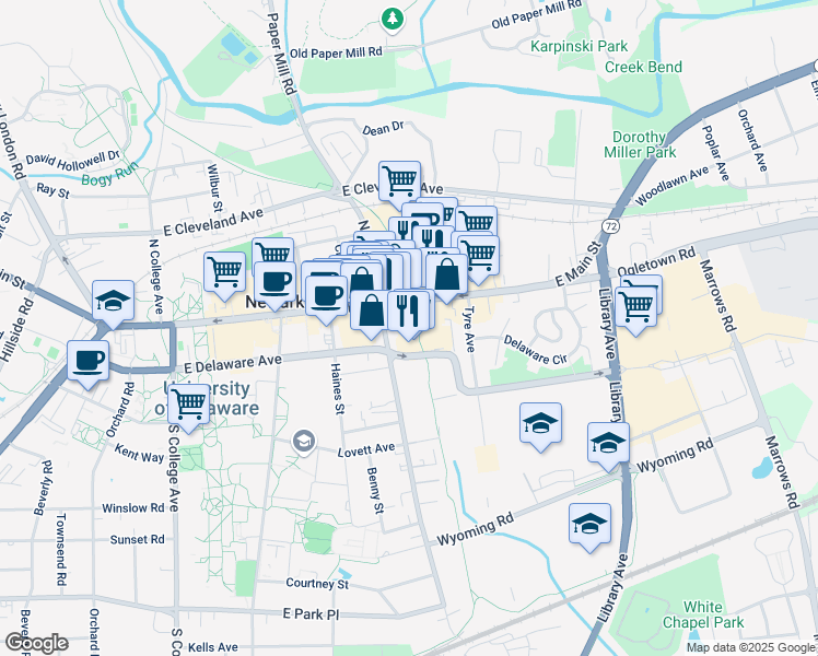 map of restaurants, bars, coffee shops, grocery stores, and more near 250 East Delaware Avenue in Newark