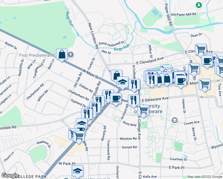 map of restaurants, bars, coffee shops, grocery stores, and more near 7 Thompson Lane in Newark