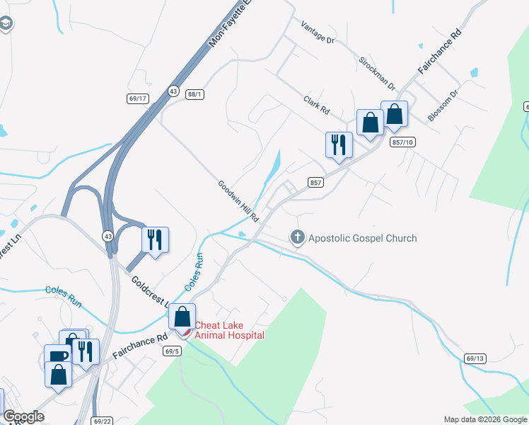 map of restaurants, bars, coffee shops, grocery stores, and more near 6 Goodwin Hill Road in Morgantown