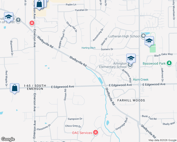 map of restaurants, bars, coffee shops, grocery stores, and more near 5519 Shelbyville Road in Indianapolis