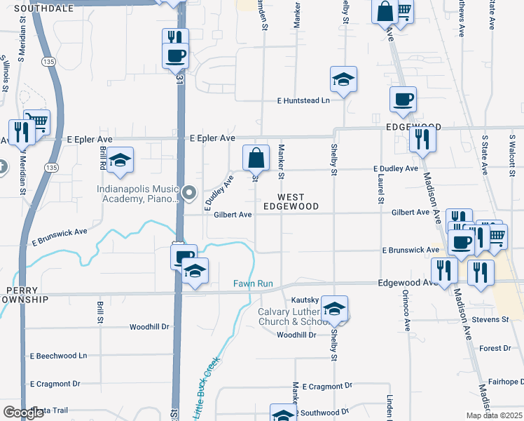 map of restaurants, bars, coffee shops, grocery stores, and more near 5415 Camden Street in Indianapolis