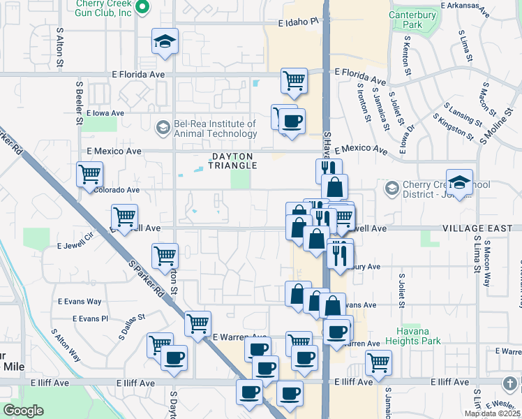 map of restaurants, bars, coffee shops, grocery stores, and more near 10150 East Colorado Avenue in Denver