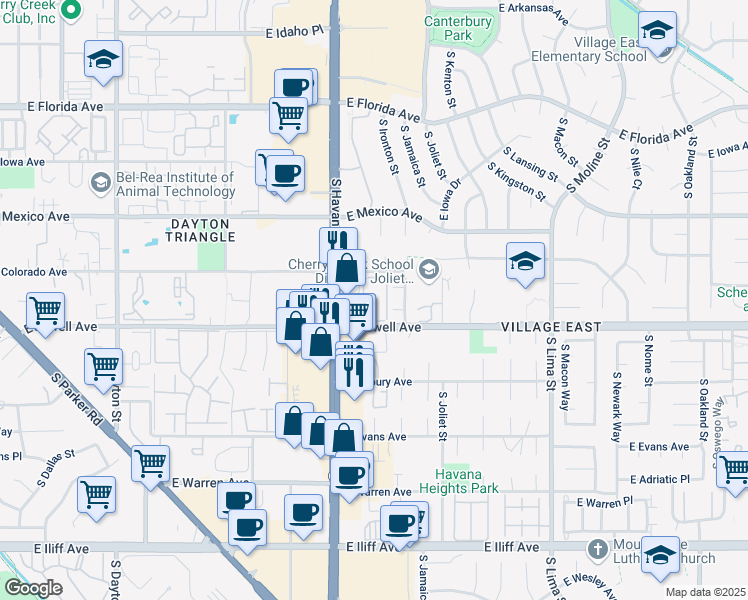 map of restaurants, bars, coffee shops, grocery stores, and more near 10648 East Bails Place in Aurora