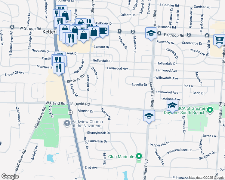 map of restaurants, bars, coffee shops, grocery stores, and more near 4320 Maxlin Road in Dayton