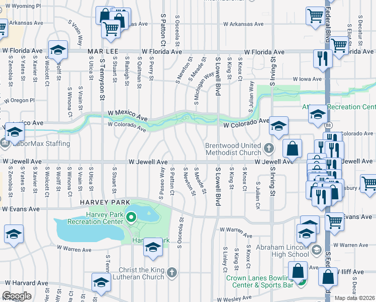 map of restaurants, bars, coffee shops, grocery stores, and more near 1887 South Newton Street in Denver