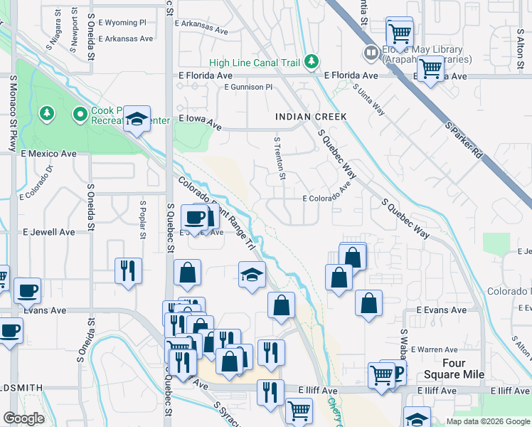 map of restaurants, bars, coffee shops, grocery stores, and more near 1831 South Spruce Street in Denver