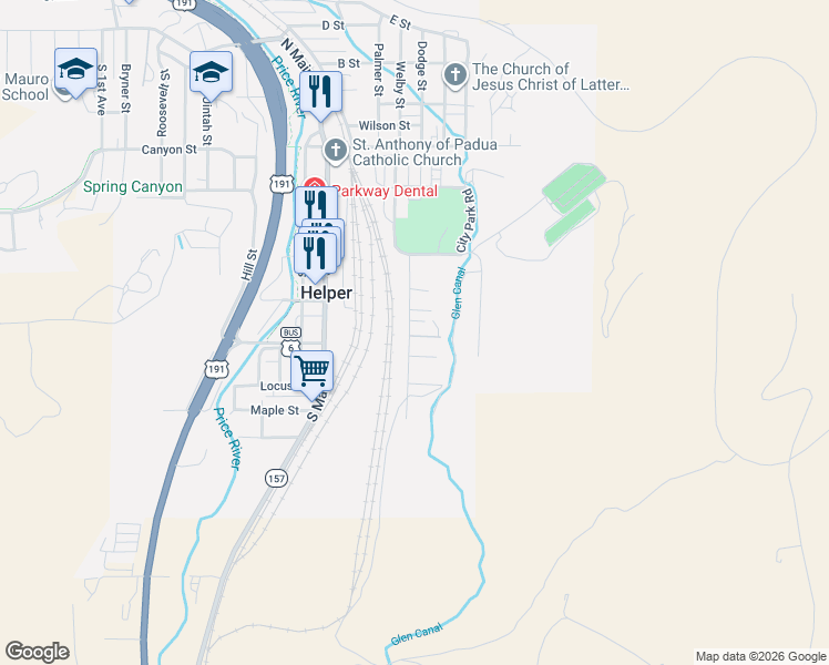 map of restaurants, bars, coffee shops, grocery stores, and more near 399 2nd East Street in Helper