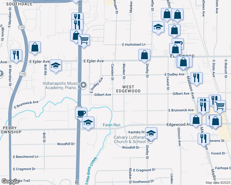 map of restaurants, bars, coffee shops, grocery stores, and more near 5415 Camden Street in Indianapolis