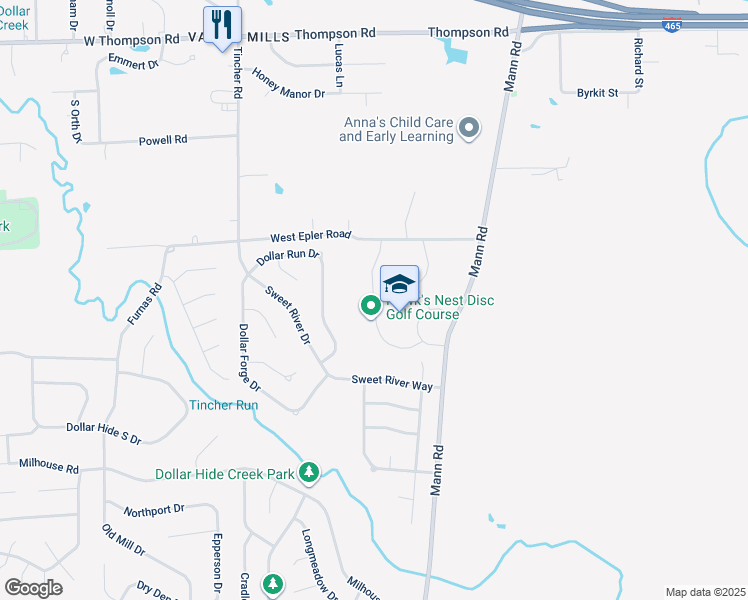 map of restaurants, bars, coffee shops, grocery stores, and more near 5650 Mann Road in Indianapolis