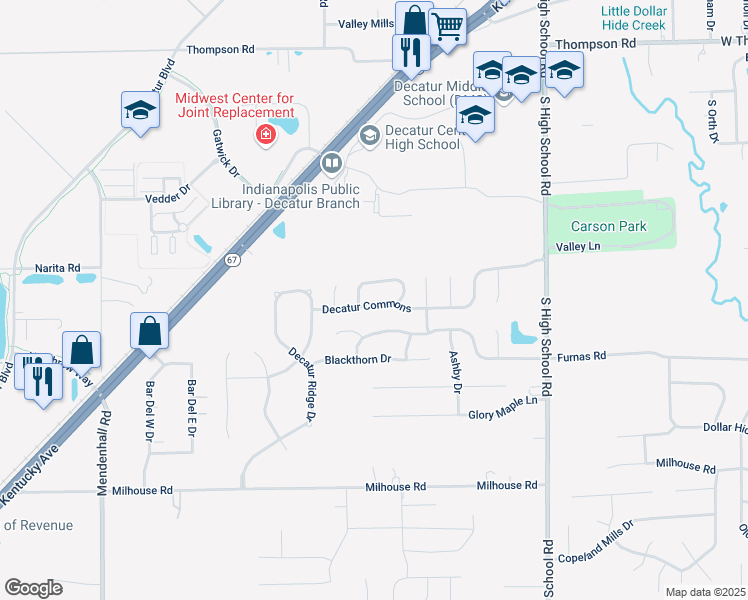 map of restaurants, bars, coffee shops, grocery stores, and more near 6652 Decatur Commons in Indianapolis