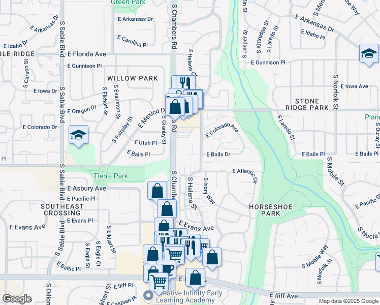 map of restaurants, bars, coffee shops, grocery stores, and more near 15502 East Bails Drive in Aurora