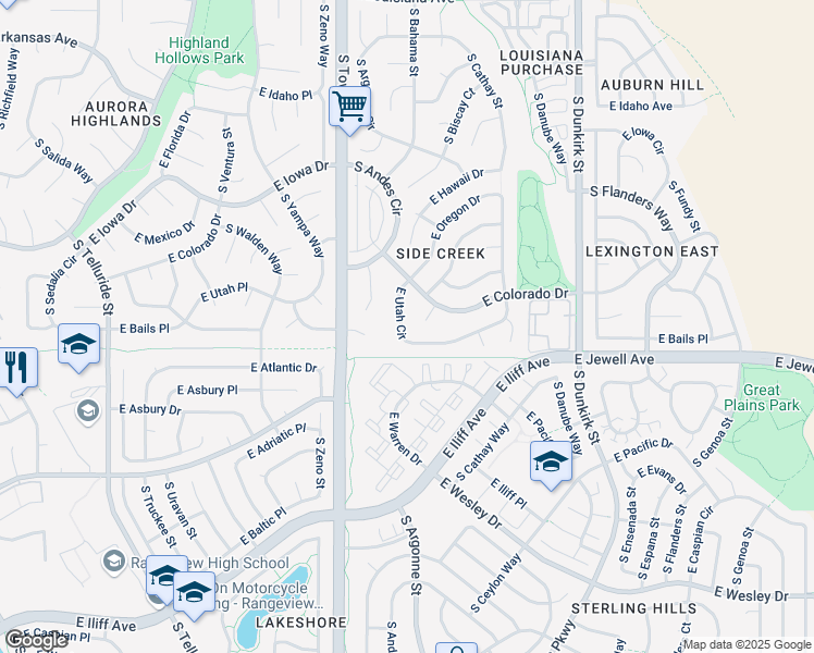 map of restaurants, bars, coffee shops, grocery stores, and more near 18784 East Utah Circle in Aurora