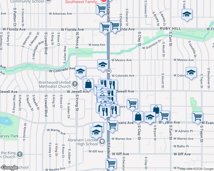 map of restaurants, bars, coffee shops, grocery stores, and more near 1877 South Federal Boulevard in Denver