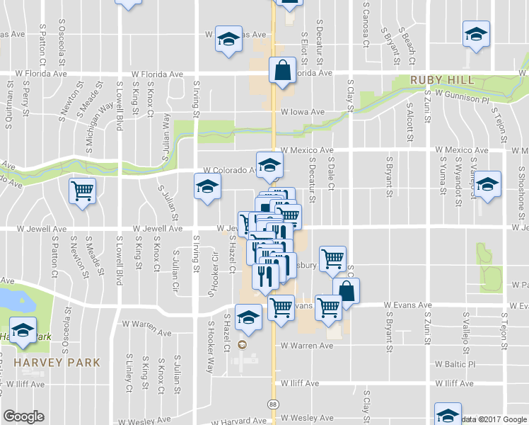 map of restaurants, bars, coffee shops, grocery stores, and more near 1895 Colorado 88 in Denver