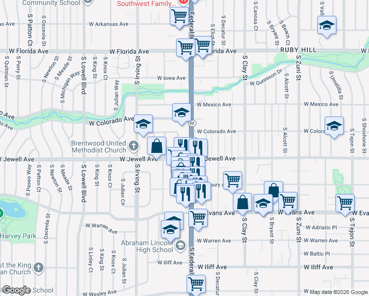 map of restaurants, bars, coffee shops, grocery stores, and more near 1895 Colorado 88 in Denver