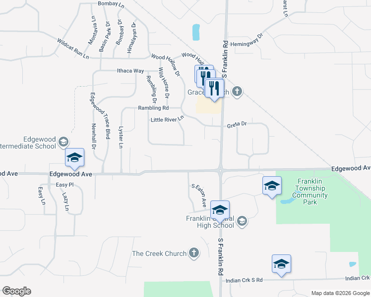 map of restaurants, bars, coffee shops, grocery stores, and more near 8146 East Edgewood Avenue in Indianapolis